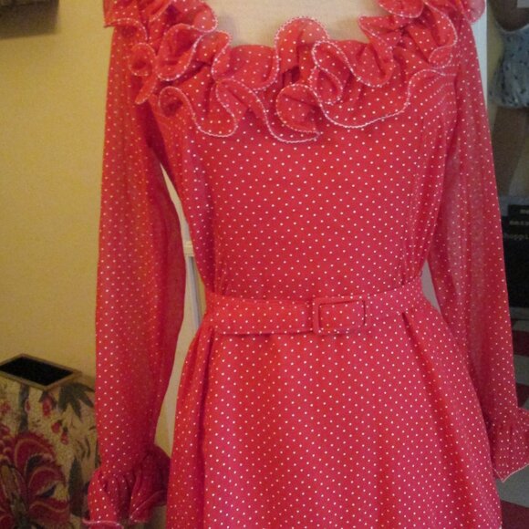 70s Red White Swiss Dot Maxi Dress Cottagecore SO CUTE - Picture 9 of 10